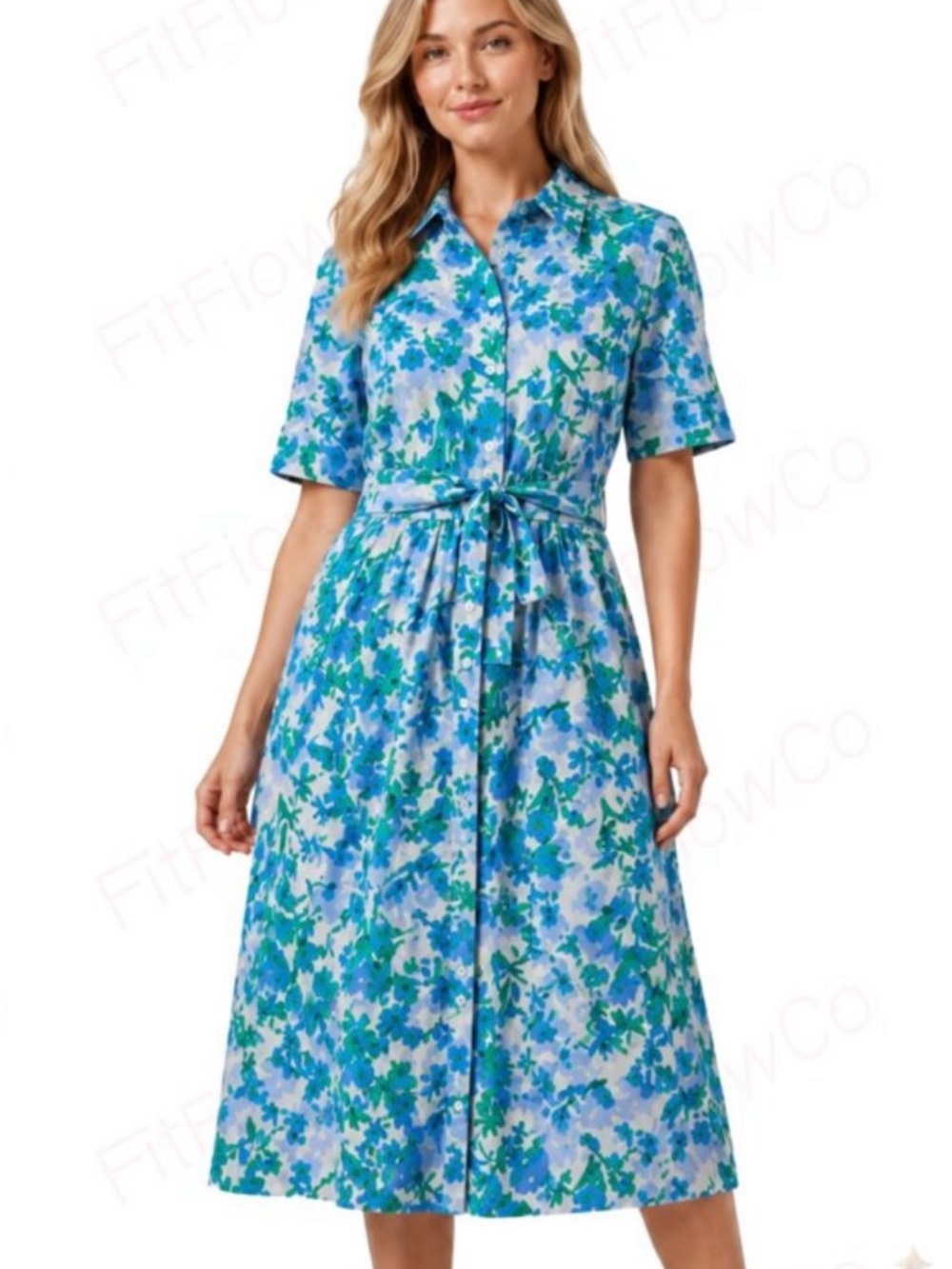 DKNY Teal and Blue Floral Button-Up Cotton Midi Dress with Self Tie